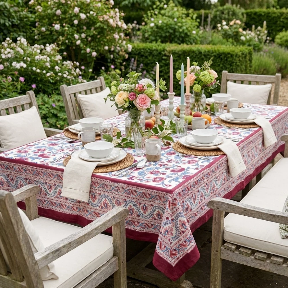 Image of Hand Block Printed Cotton Tablecloth 150x220 cms | Rukhsana Maroon Open 103616