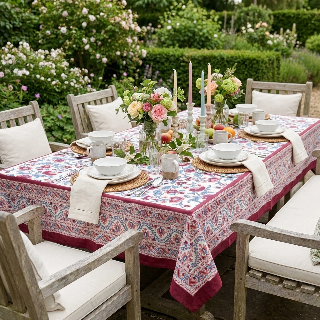 Tablecloth 12 seater in Cotton Hand Block Printed Cotton Tablecloth 180x340 cms Rukhsana Maroon Open 103616