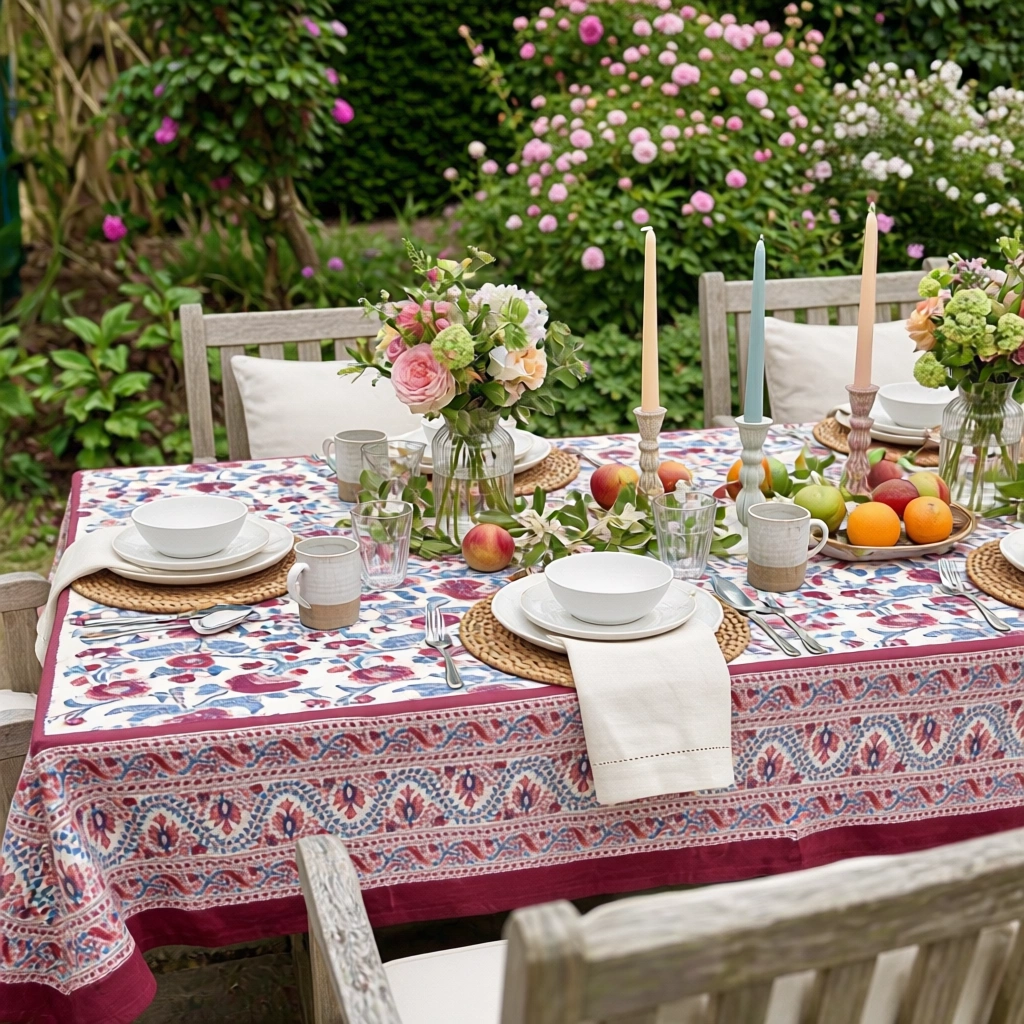 Tablecloth 12 seater in Cotton Hand Block Printed Cotton Tablecloth 180x340 cms  Rukhsana Maroon Open 103616