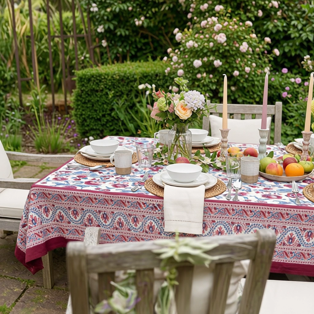 Tablecloth 12 seater in Cotton Hand Block Printed Cotton Tablecloth 180x340 cms Rukhsana Maroon Open 103616