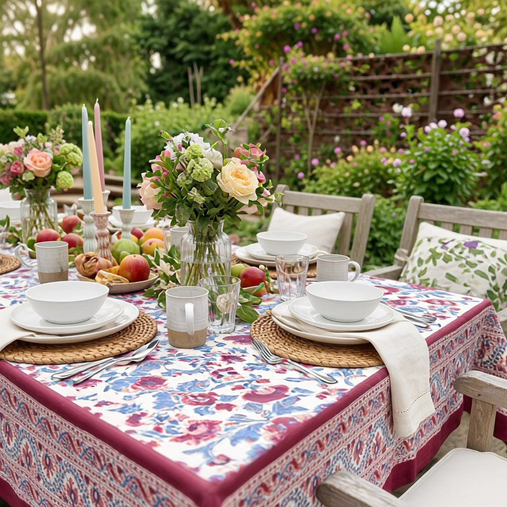 Tablecloth 12 seater in Cotton Hand Block Printed Cotton Tablecloth 180x340 cms Rukhsana Maroon Open 103616