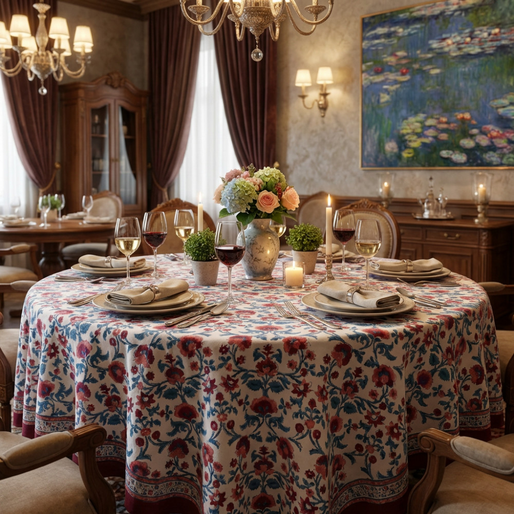 Image of Hand Block Printed Cotton Round Tablecloth 220 cms | Rukhsana Maroon Open 105936