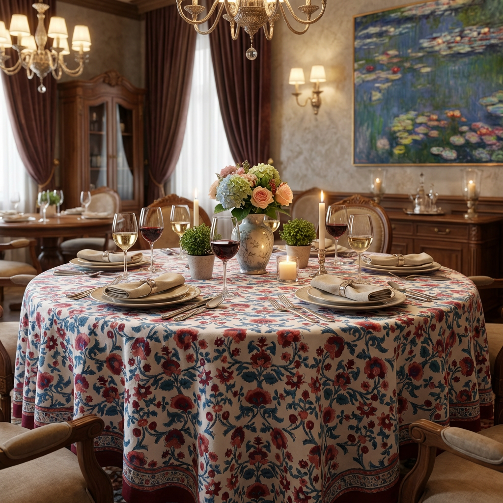 Hand Block Printed Cotton Round Tablecloth 180 cms Rukhsana Maroon Open 105936