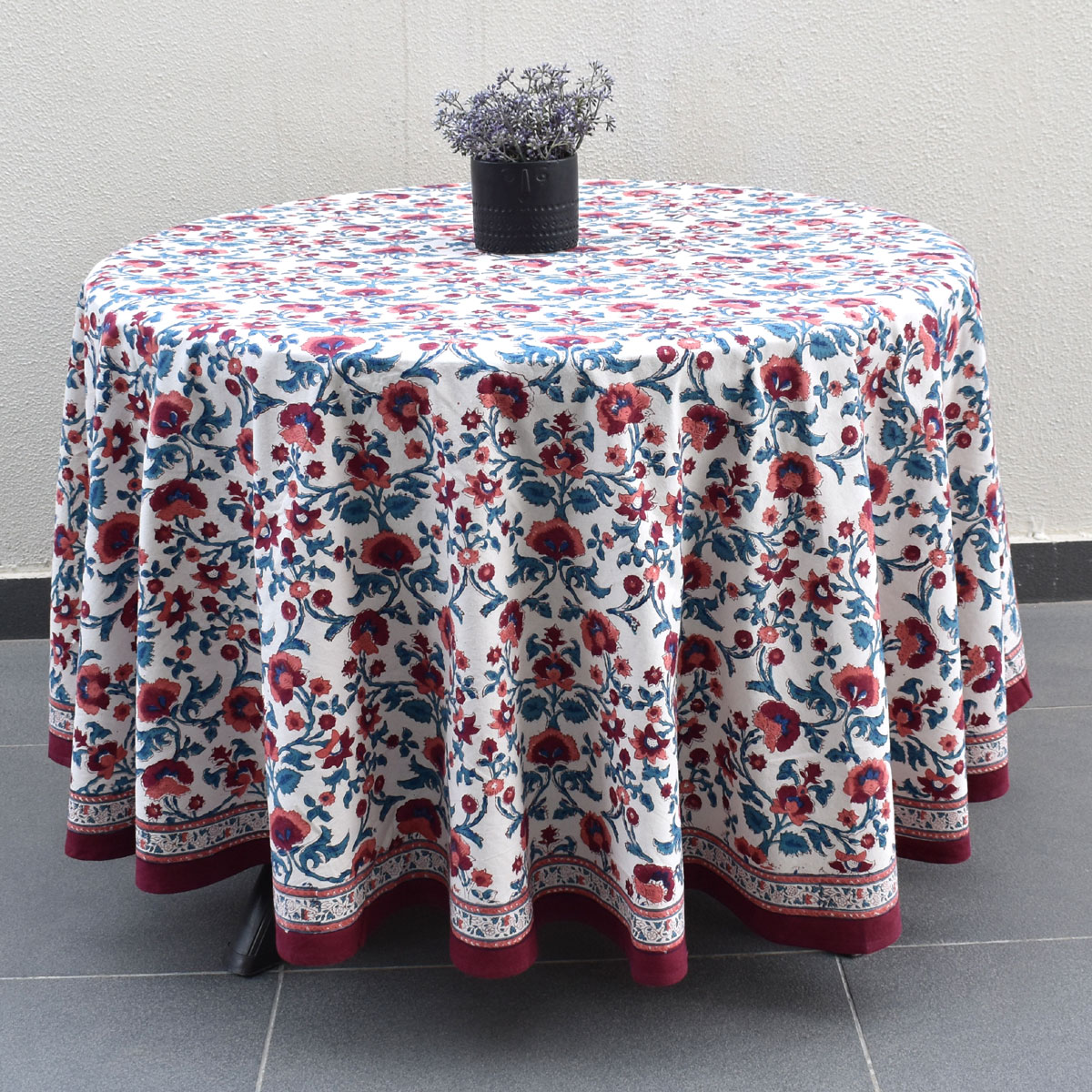 Hand Block Printed Cotton Round Tablecloth 275 cms Rukhsana Maroon Open 105936