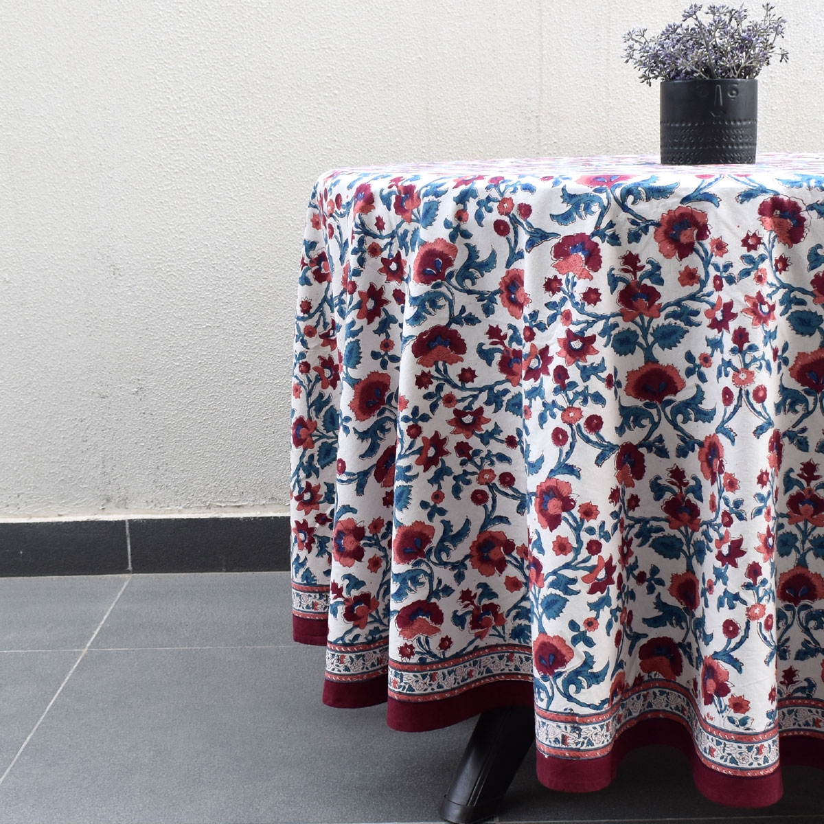 Hand Block Printed Cotton Round Tablecloth 150 cms Rukhsana Maroon Open 105936