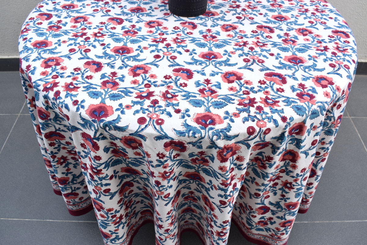 Hand Block Printed Cotton Round Tablecloth 220 cms Rukhsana Maroon Open 105936