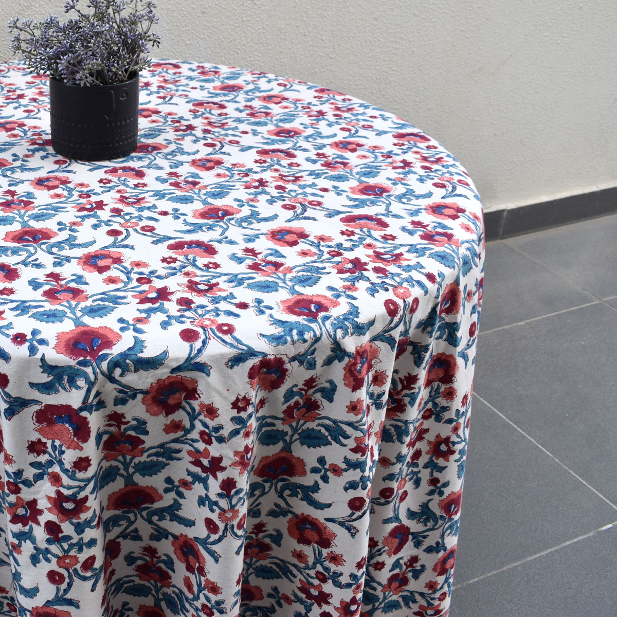 Hand Block Printed Cotton Round Tablecloth 150 cms Rukhsana Maroon Open 105936