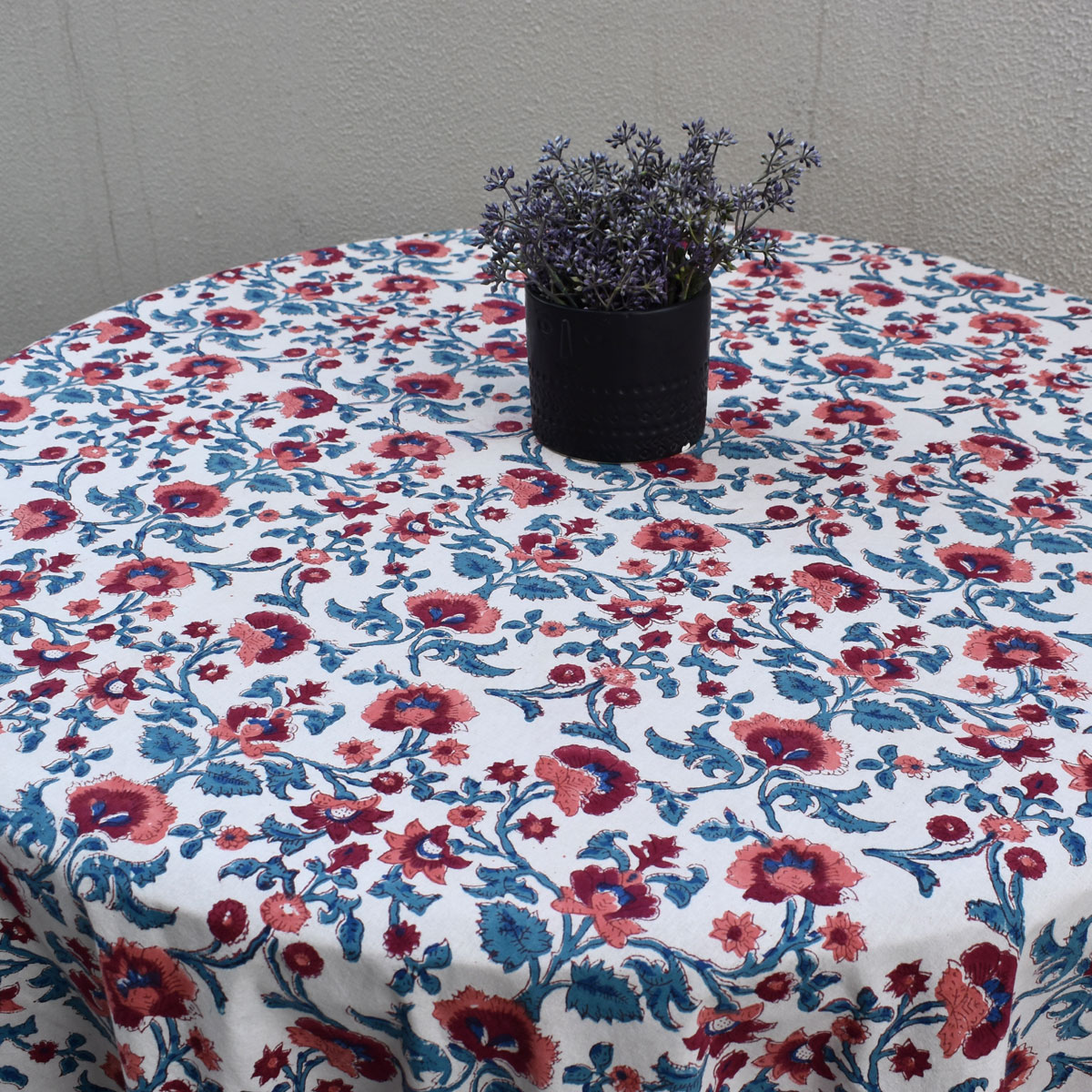 Hand Block Printed Cotton Round Tablecloth 220 cms Rukhsana Maroon Open 105936