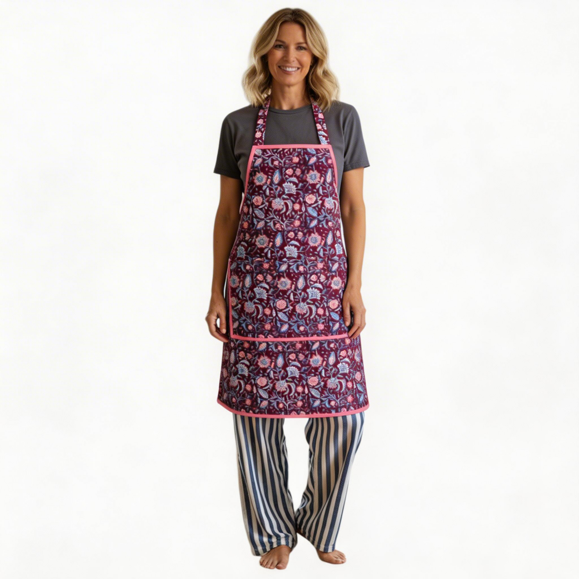 Indian Block-Printed 100 Cotton Apron Rukmani Maroon Gud 104295
