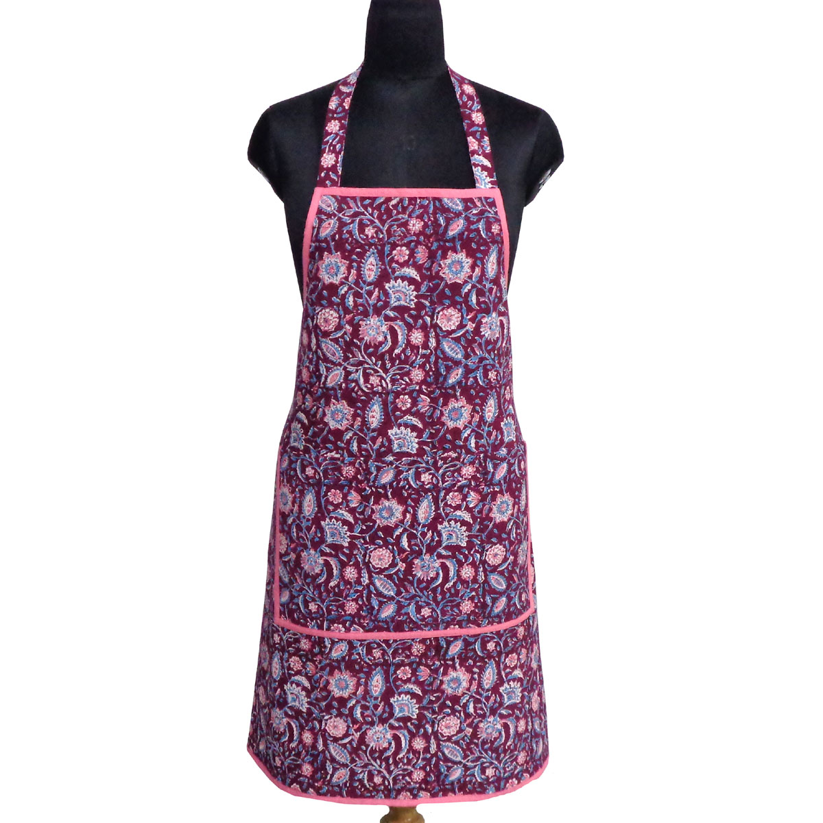 Indian Block-Printed 100 Cotton Apron Rukmani Maroon Gud 104295
