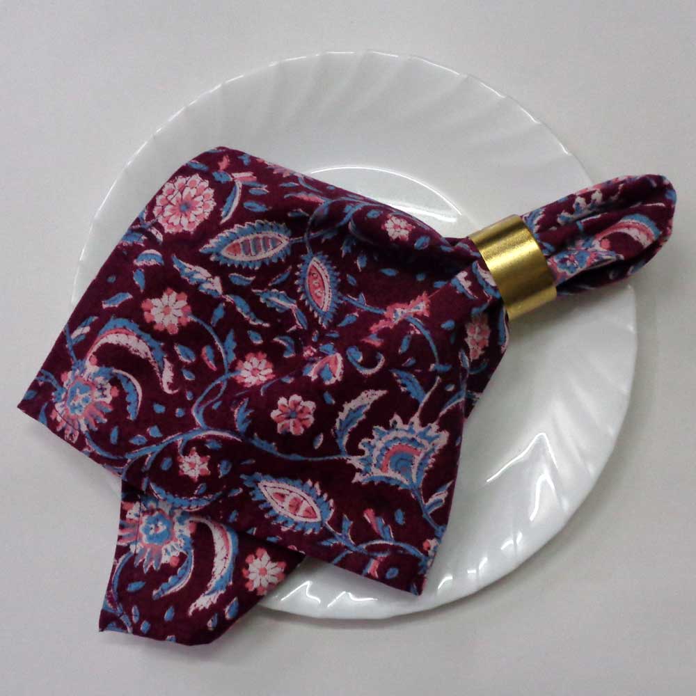 Hand Block Printed Cotton Napkin 45x45 cms Set of 4 Napkins  Rukmani Maroon Gud 620607