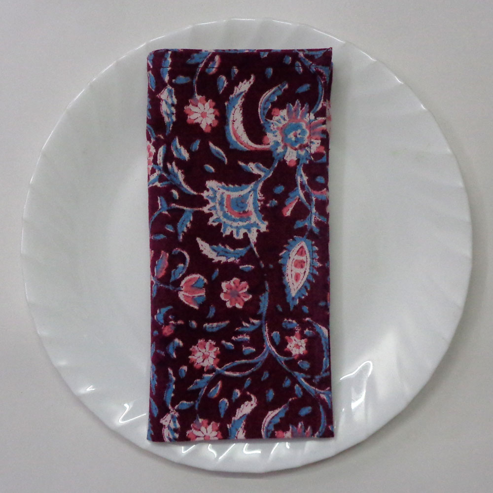 Hand Block Printed Cotton Napkin 45x45 cms Set of 4 Napkins  Rukmani Maroon Gud 620607