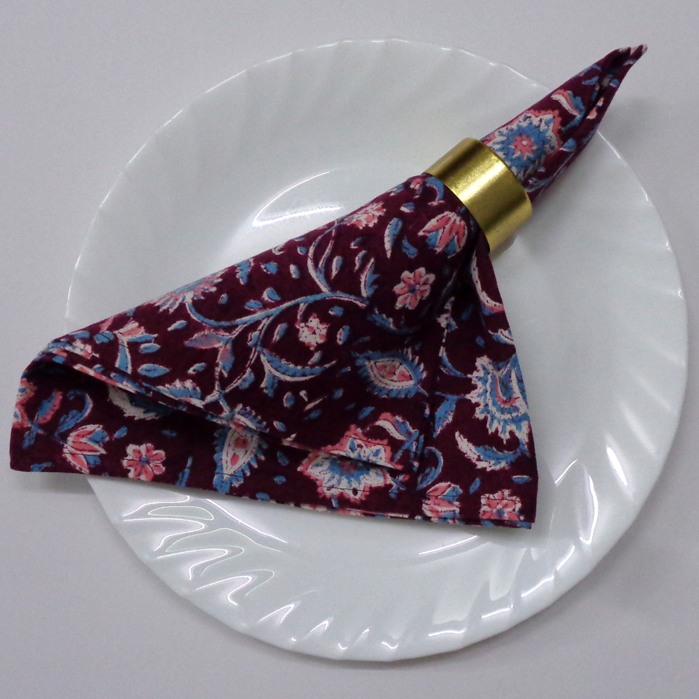 Hand Block Printed Cotton Napkin 45x45 cms Set of 4 Napkins Rukmani Maroon Gud 620607