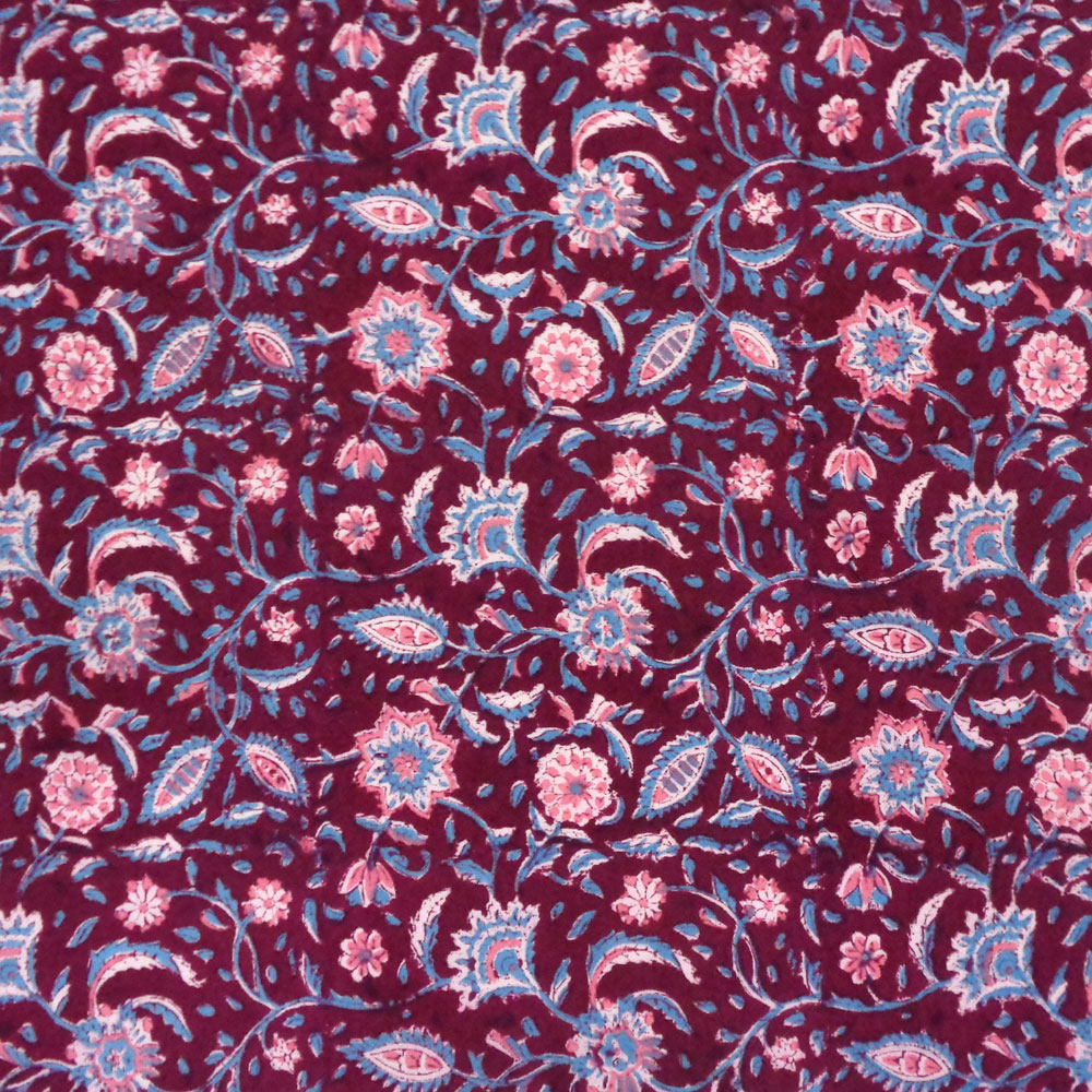Hand Block Printed on 100 Cotton 5 Yard Fabric SANGANER Rukmani Maroon Gud 620607