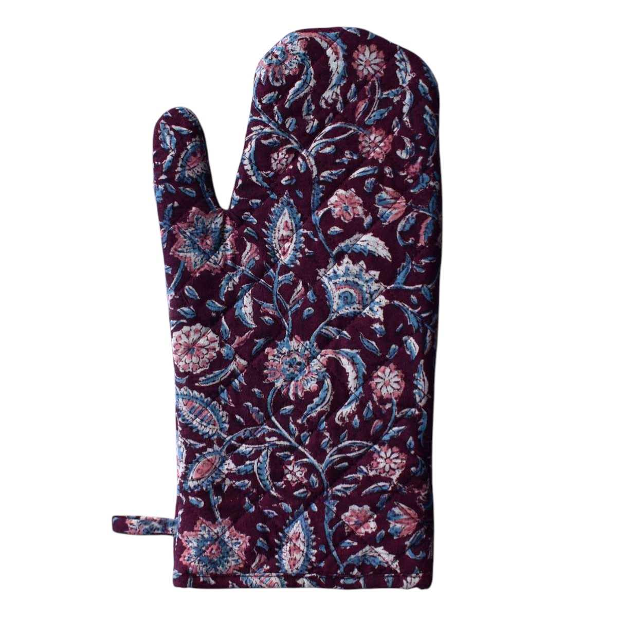 Artisan-Made Hand Block Printed Oven Mitt and Pot Holder Set Rukmani Maroon Gud 620607