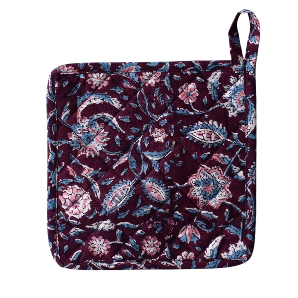 Artisan-Made Hand Block Printed Oven Mitt and Pot Holder Set Rukmani Maroon Gud 620607