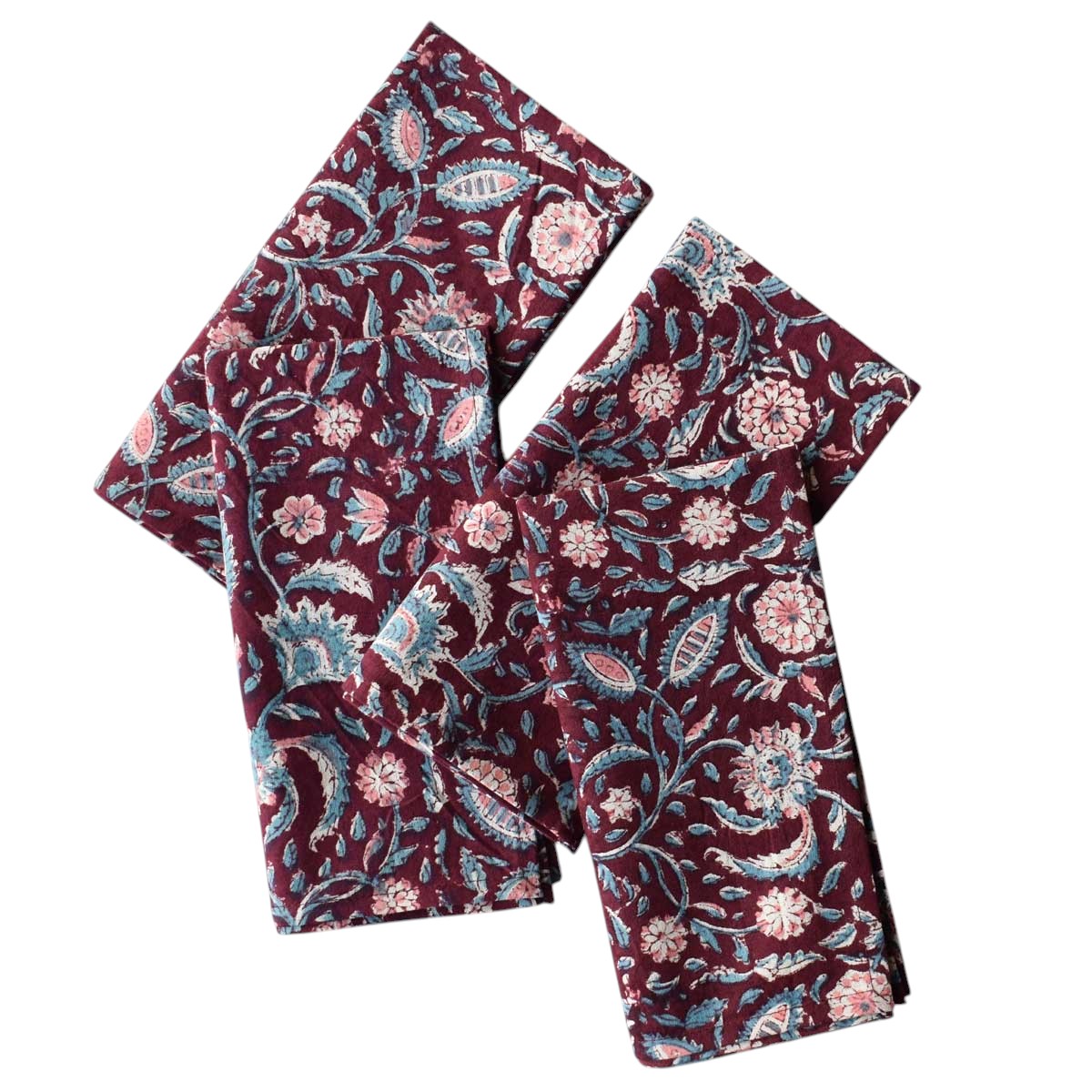 Hand Block Printed Cotton Napkin 45x45 cms Set of 4 Napkins Rukmani Maroon Gud 620607