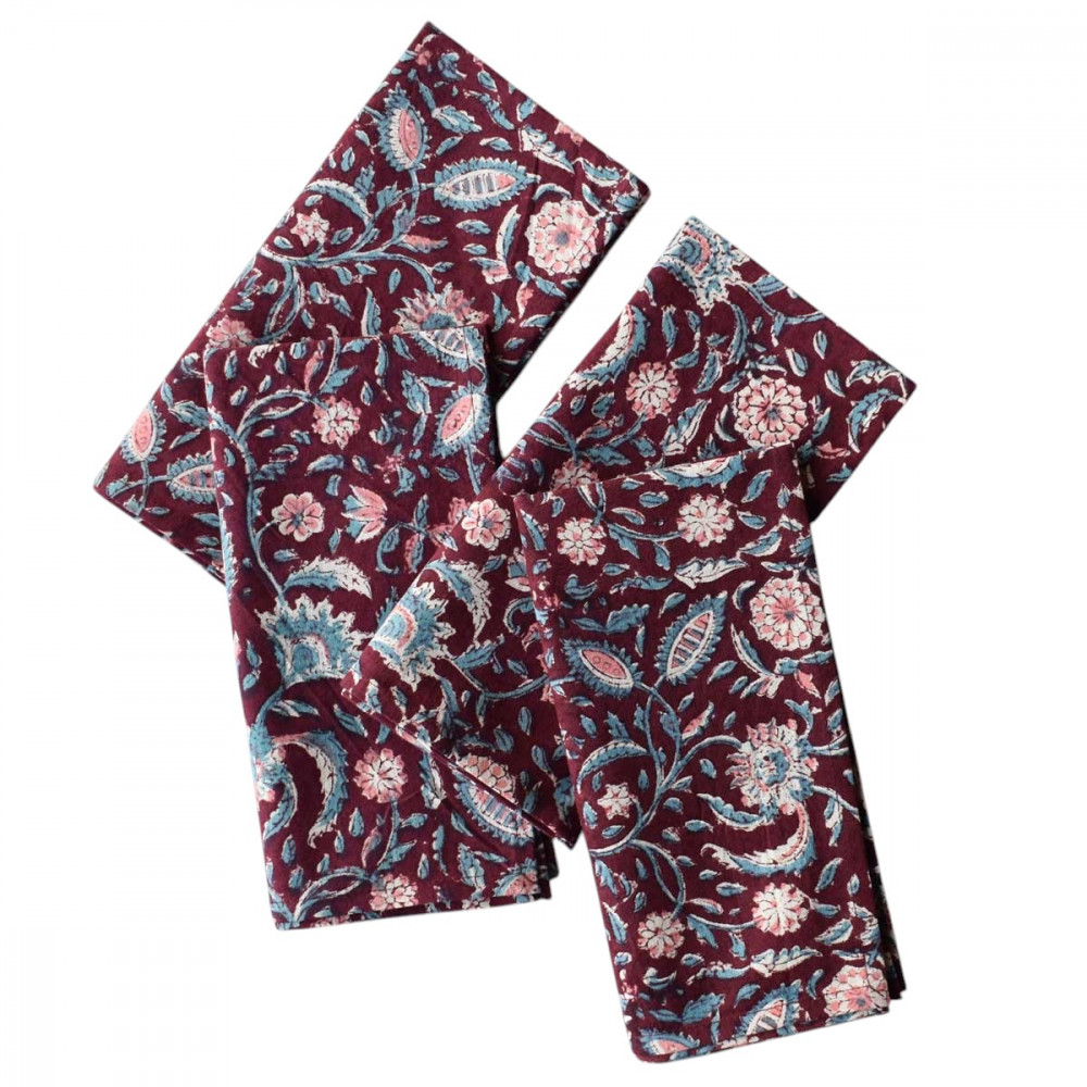 Image of Hand Block Printed Cotton Napkin 45x45 cms (Set of 4 Napkins) | Rukmani Maroon Gud 620607