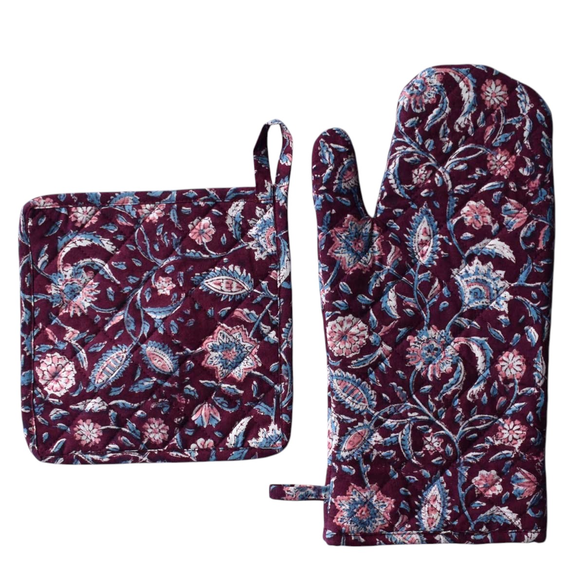 Artisan-Made Hand Block Printed Oven Mitt and Pot Holder Set Rukmani Maroon Gud 620607