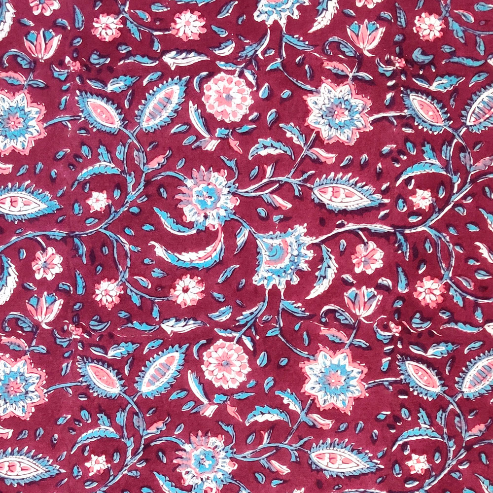 5 Yard Running Fabric  Hand Block Printed Cotton Voile Fabric  Rukmani Maroon Gud 620607