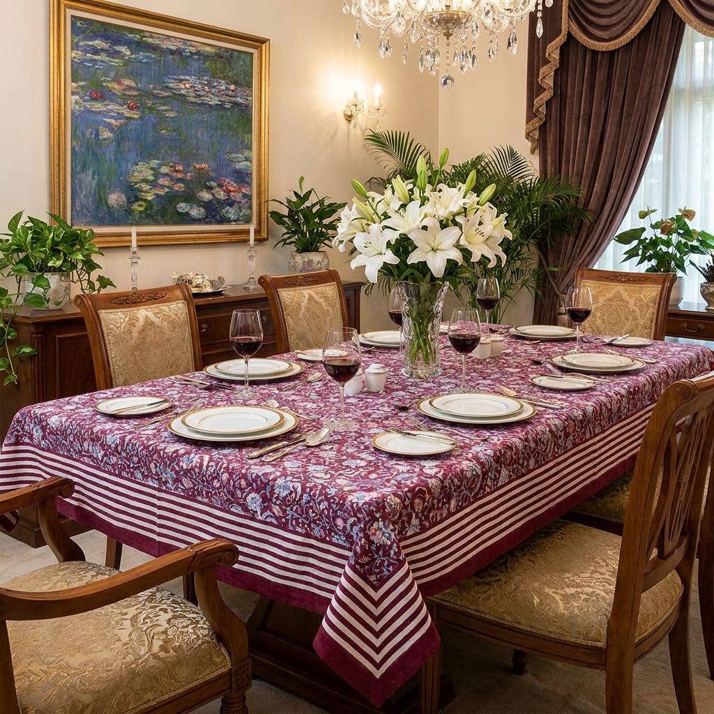 Hand Block Printed Cotton Tablecloth 180x270 cms Rukmani Maroon Gud 620607
