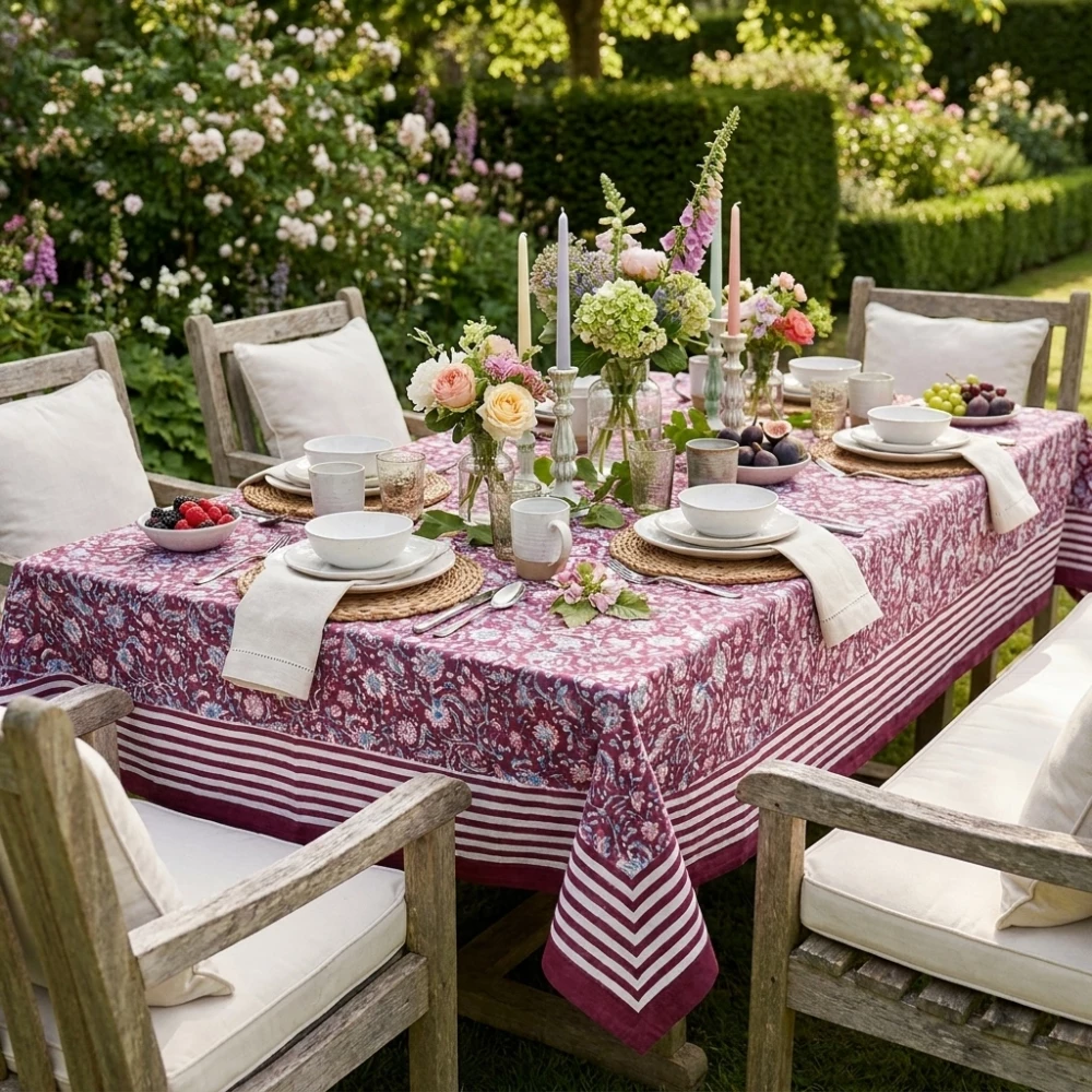 Image of Hand Block Printed Cotton Tablecloth 180x270 cms | Rukmani Maroon Gud 620607