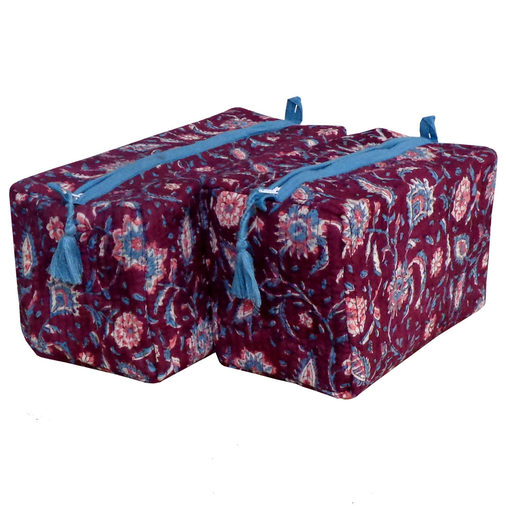 Hand Block Printed Cotton Quilted Cosmetic Bag Set of 2 Rukmani Maroon Gud 620607