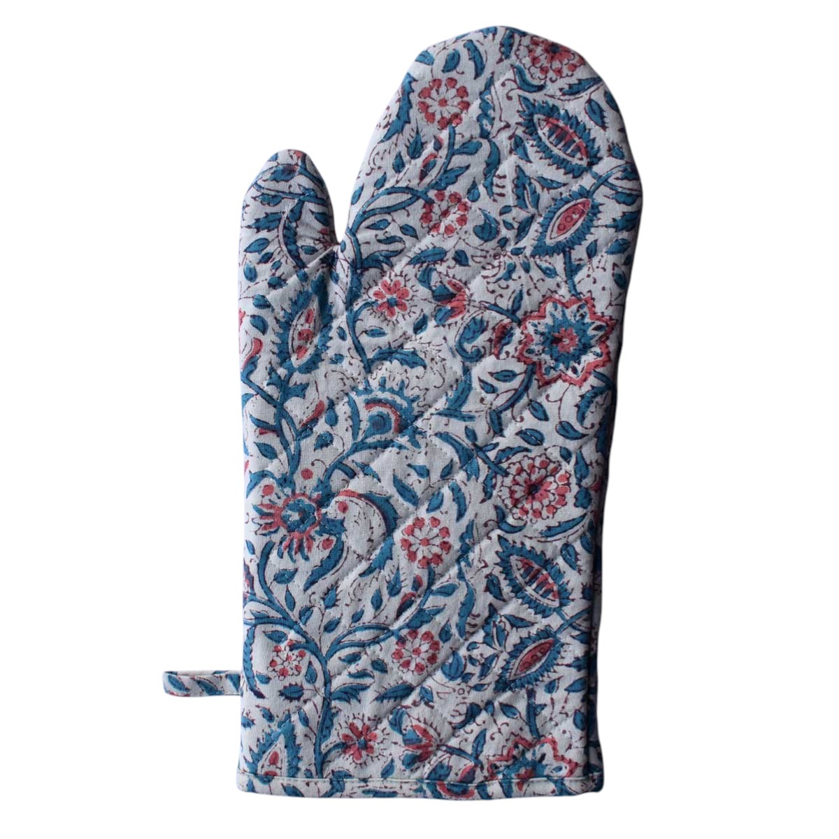 Artisan-Made Hand Block Printed Oven Mitt and Pot Holder Set Rukmani Maroon Open 620608