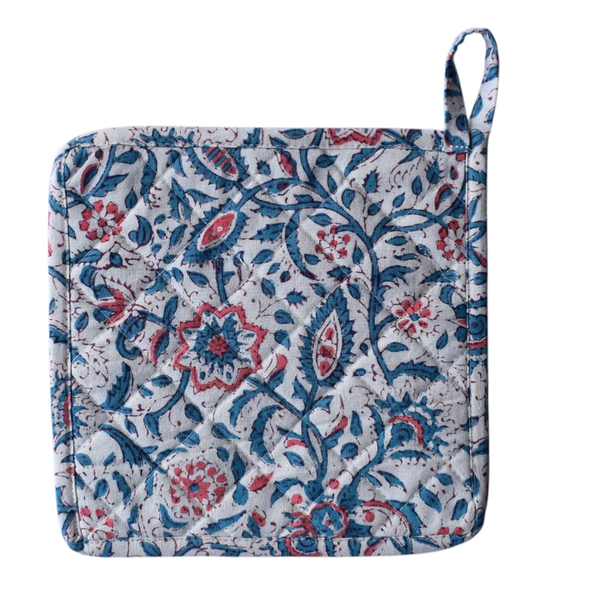 Artisan-Made Hand Block Printed Oven Mitt and Pot Holder Set Rukmani Maroon Open 620608