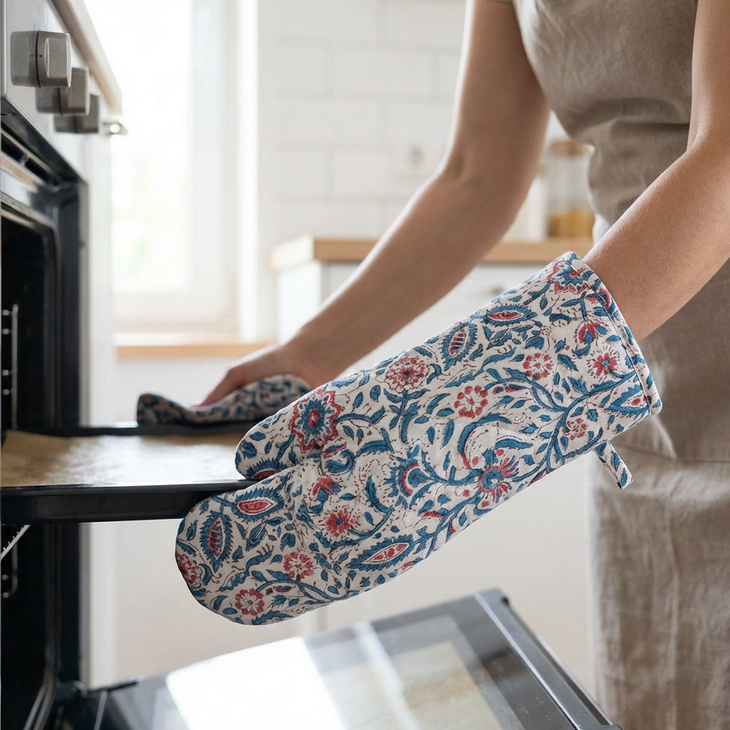Artisan-Made Hand Block Printed Oven Mitt and Pot Holder Set Rukmani Maroon Open 620608