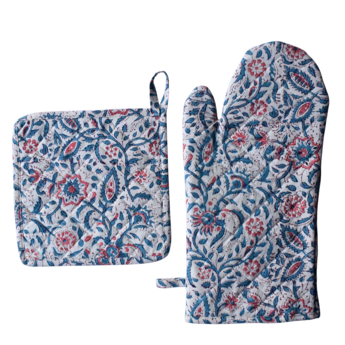 Artisan-Made Hand Block Printed Oven Mitt and Pot Holder Set Rukmani Maroon Open 620608