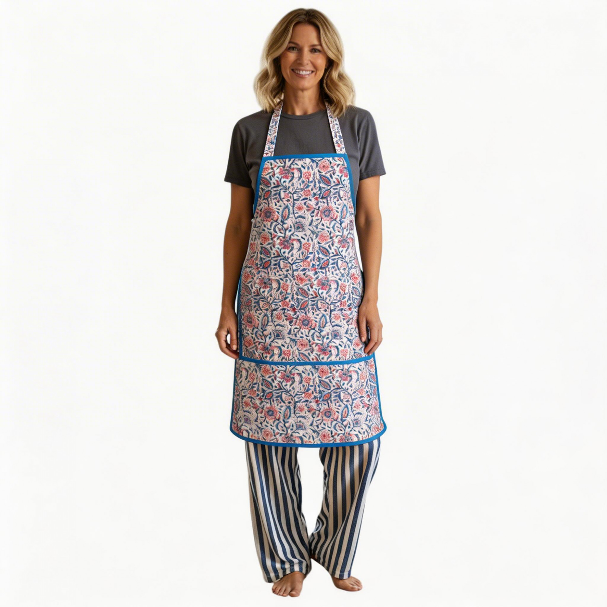Indian Block-Printed 100 Cotton Apron Rukmani Maroon Open Blue 620609
