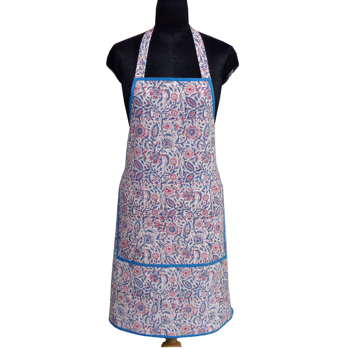 Indian Block-Printed 100 Cotton Apron Rukmani Maroon Open Blue 620609