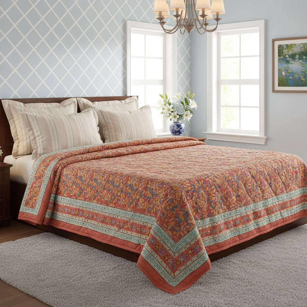 Hand Block Printed Cotton Queen Size Quilt  Sadabahar Orange 251204