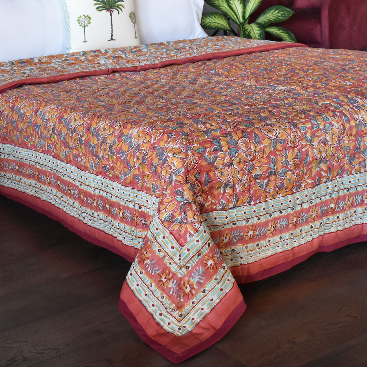 Hand Block Printed Cotton Queen Size Quilt  Sadabahar Orange 251204