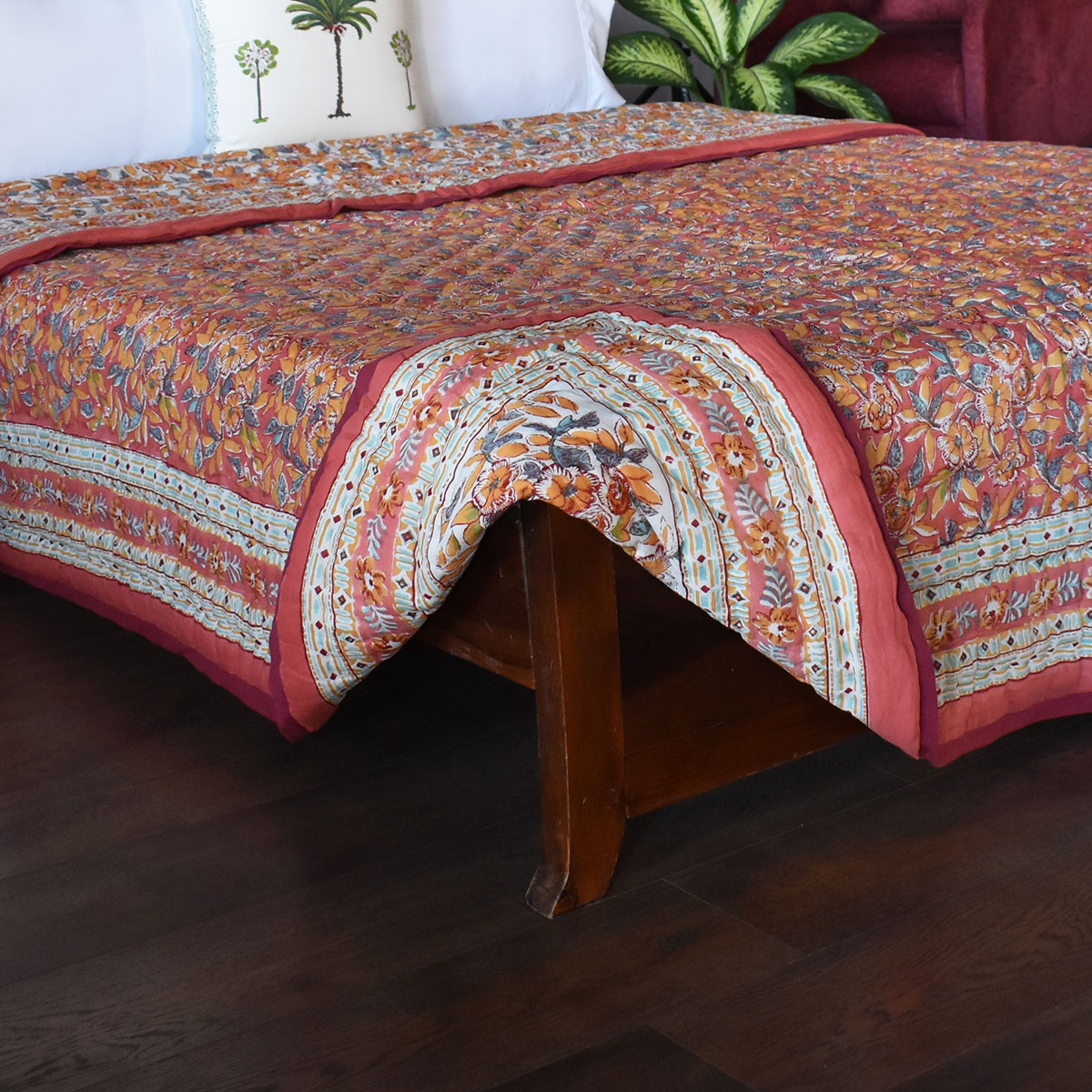 Hand Block Printed Cotton Queen Size Quilt Sadabahar Orange 251204