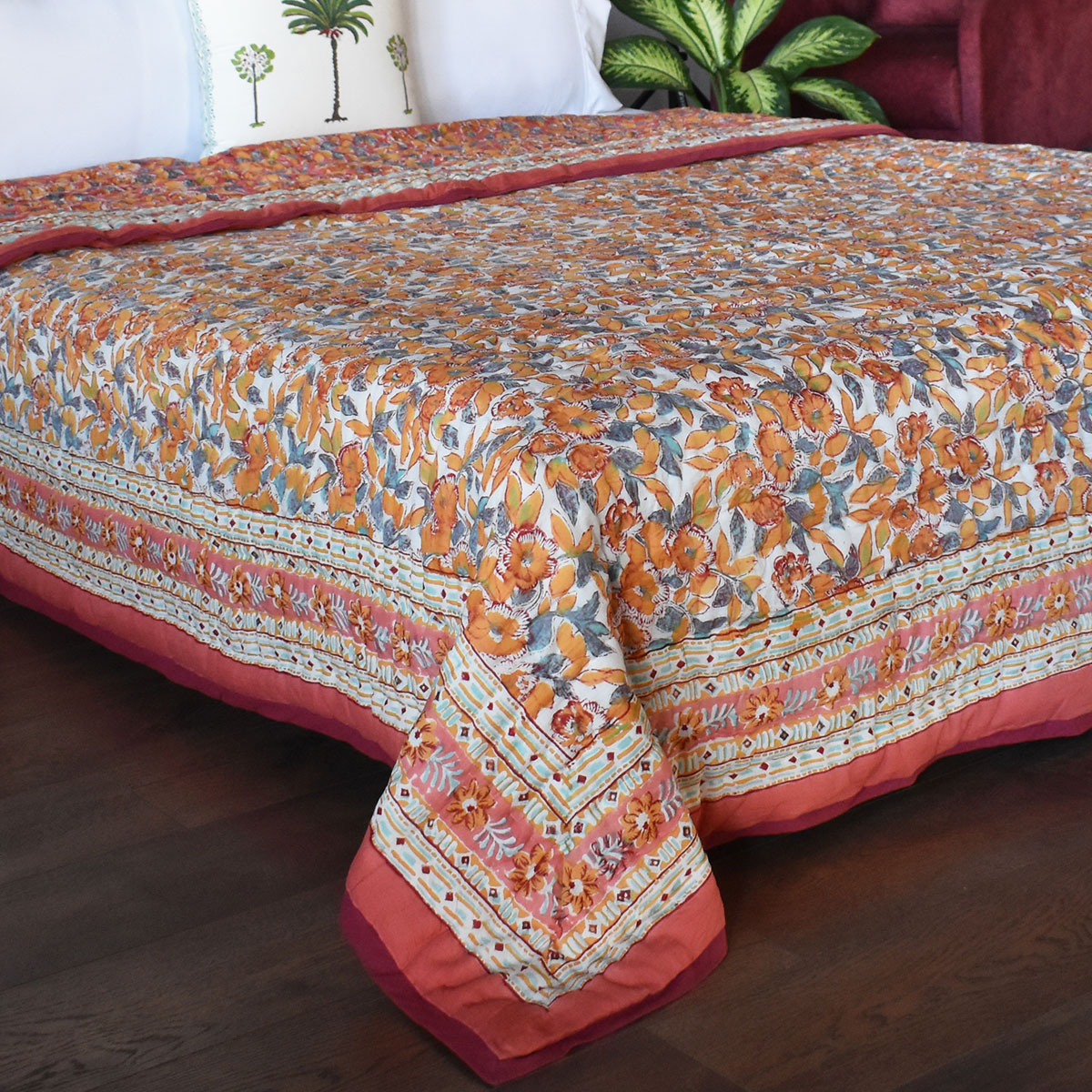 Hand Block Printed Cotton Queen Size Quilt Sadabahar Orange 251204