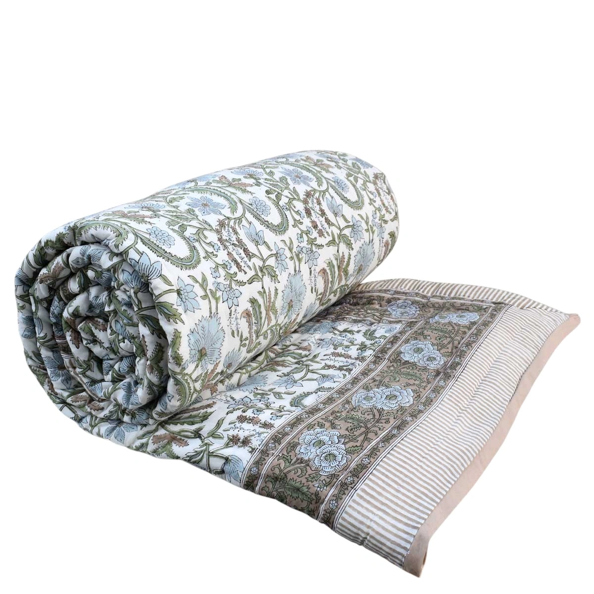 Hand Block Printed Cotton Queen Size Quilt Sage Garden Blue 260104