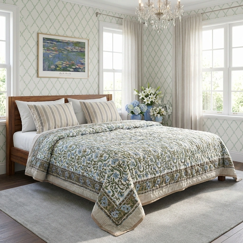 Hand Block Printed Cotton Queen Size Quilt Sage Garden Blue 260104
