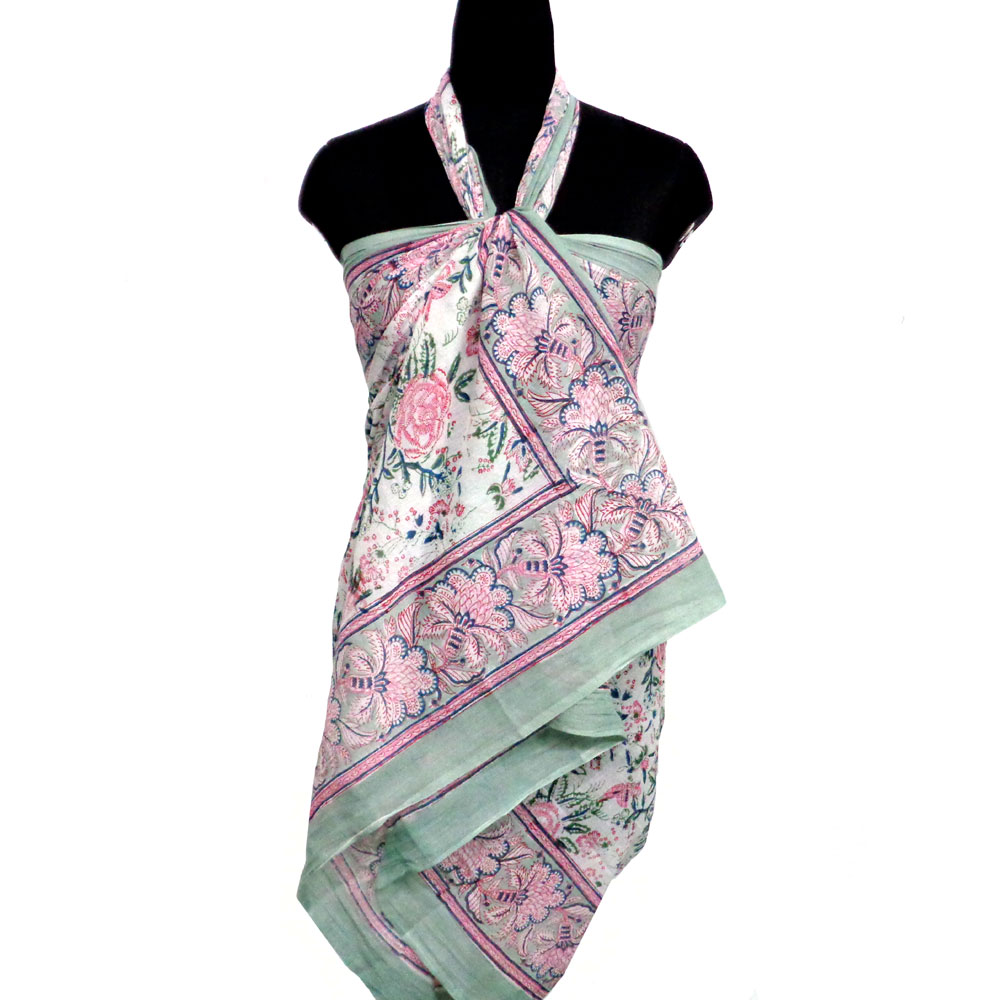 Beach Wrap Sarong Womens Swimwear Wraparound Pareo Soft Cotton Hand Block Printed Naya Gulab Open 107112