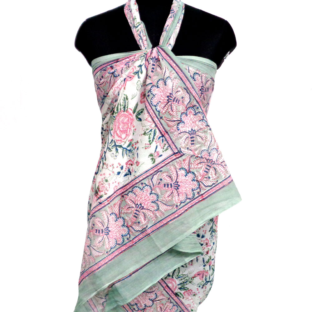 Beach Wrap Sarong Womens Swimwear Wraparound Pareo Soft Cotton Hand Block Printed Naya Gulab Open 107112