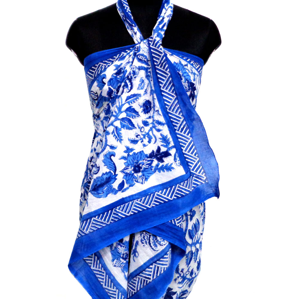 Beach Wrap Sarong Womens Swimwear Pareo Soft Cotton Hand Block Printed  Anarkali Blue Open 106795