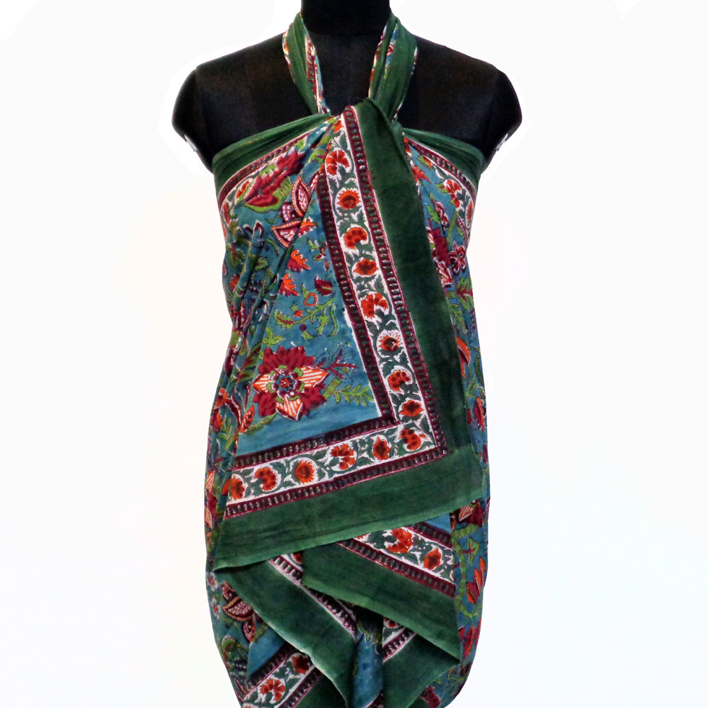 Beach Wrap Sarong Womens Swimwear Wraparound Pareo Soft Cotton Hand Block Printed Anarkali Green Gud 106821