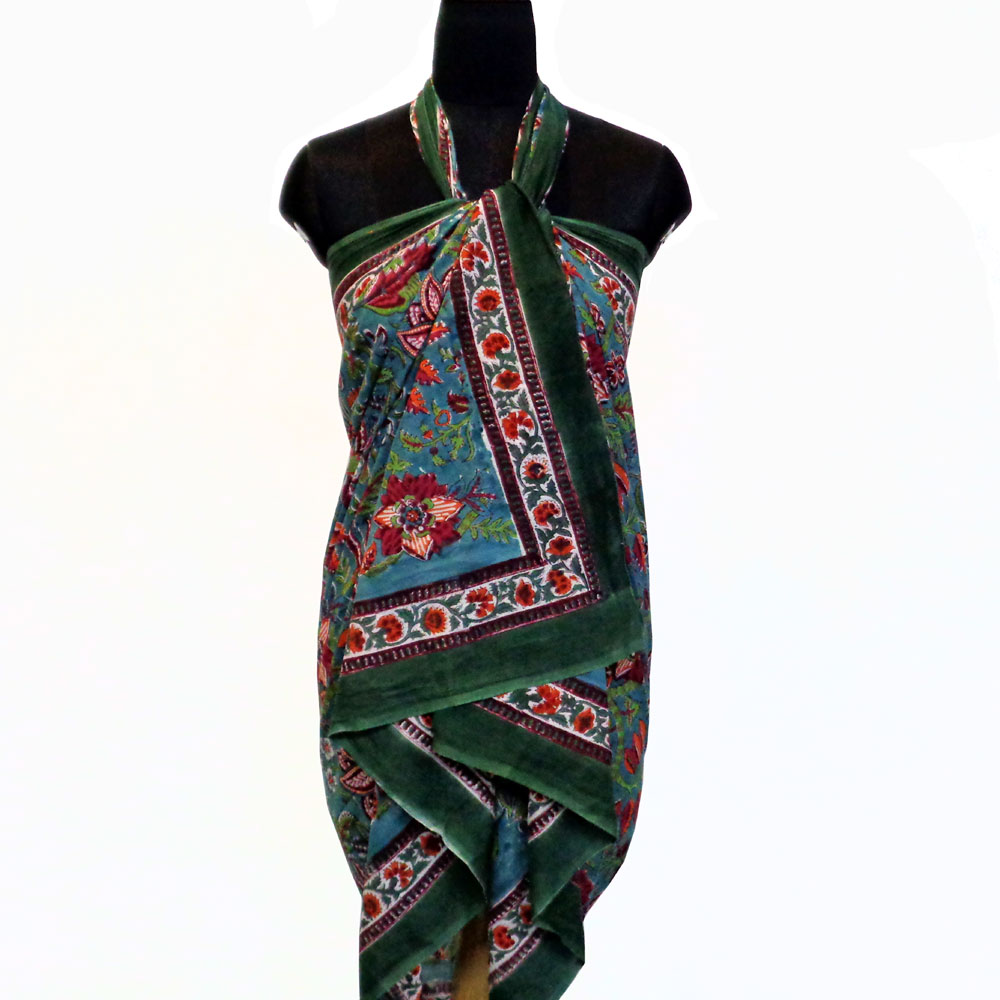 Beach Wrap Sarong Womens Swimwear Wraparound Pareo Soft Cotton Hand Block Printed Anarkali Green Gud 106821