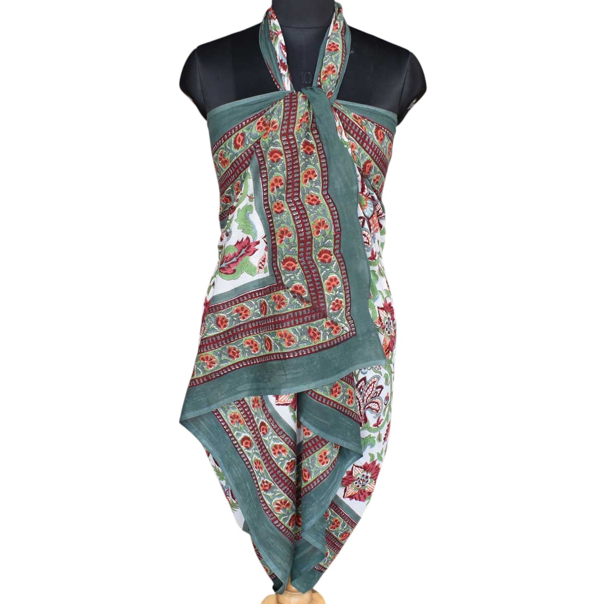 Beach Wrap Sarong Womens Swimwear Wraparound Pareo Soft Cotton Hand Block Printed  Anarkali Green Open 106822