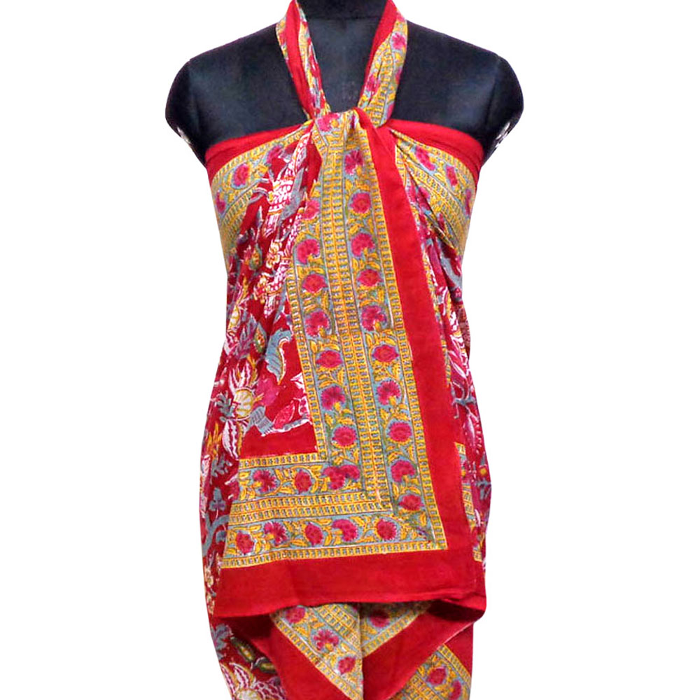 Beach Wrap Sarong Womens Swimwear Wraparound Pareo Soft Cotton Hand Block Printed Anarkali Red Gud 201397