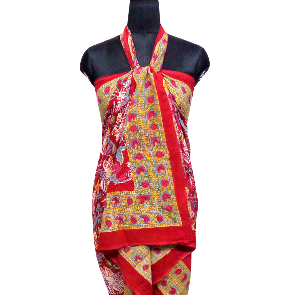 Beach Wrap Sarong Womens Swimwear Wraparound Pareo Soft Cotton Hand Block Printed Anarkali Red Gud 201397