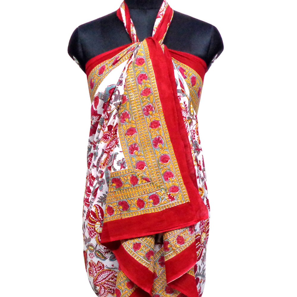 Beach Wrap Sarong Womens Swimwear Wraparound Pareo Soft Cotton Hand Block Printed Anarkali Red Open 200652