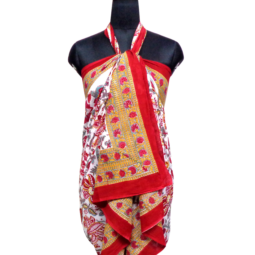 Beach Wrap Sarong Womens Swimwear Wraparound Pareo Soft Cotton Hand Block Printed Anarkali Red Open 200652