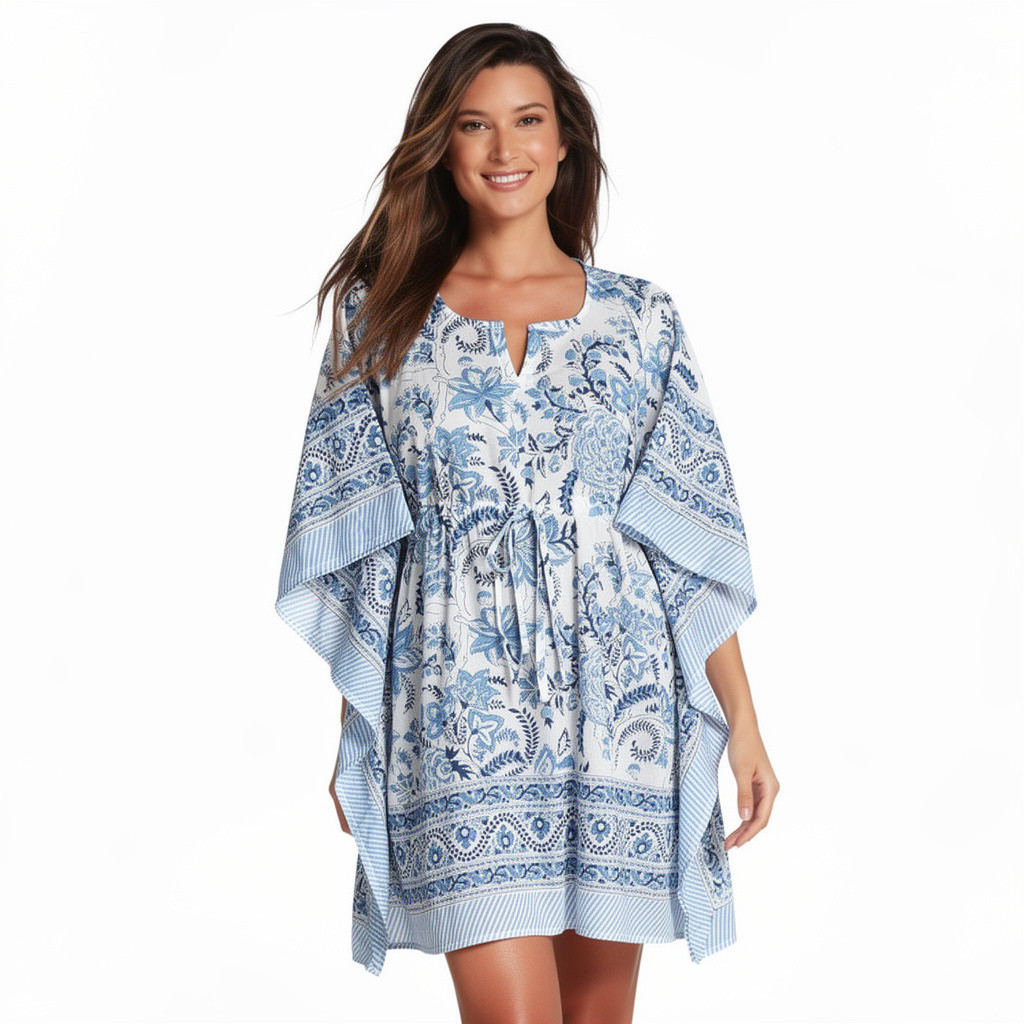 String Kaftan Free Size Indian Block Printed on Soft Cotton Voile Bela Palace Blue 601088